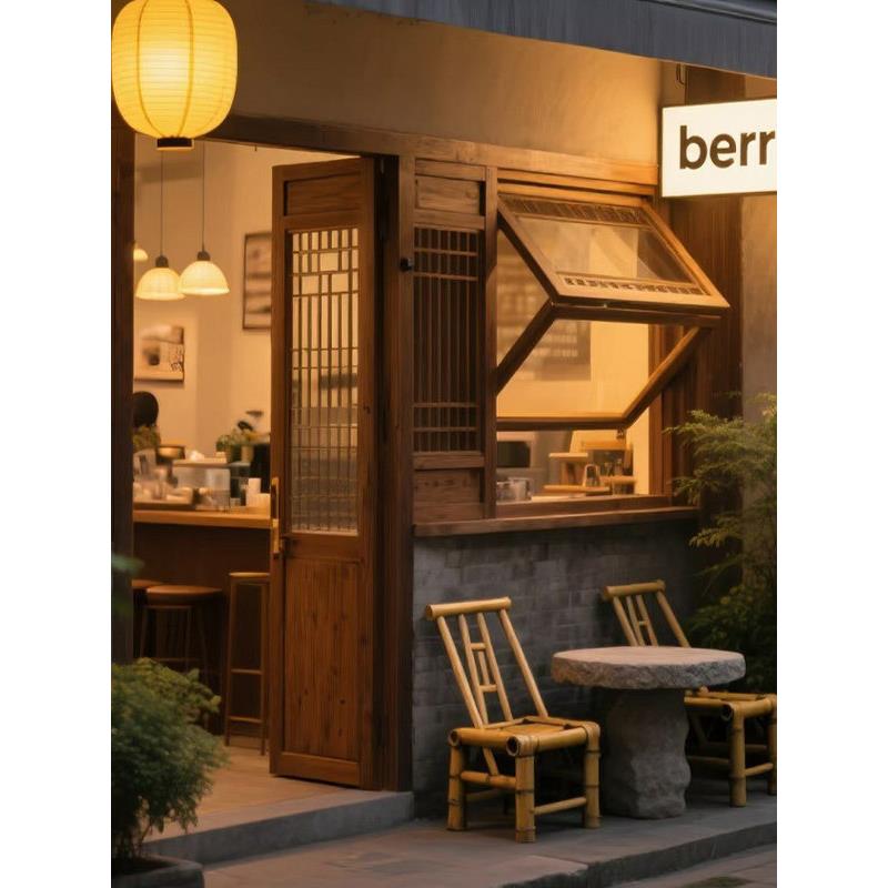 实木窗左右折叠推拉窗户奶茶咖啡店上下提拉窗上翻窗原木风折叠窗