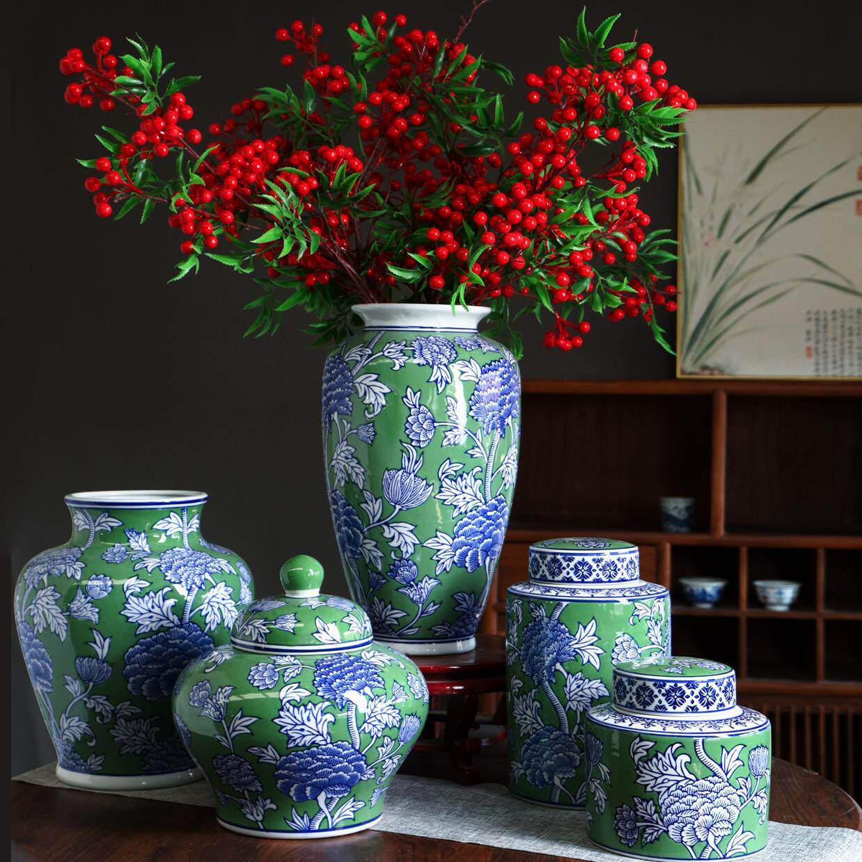 绿色花瓶可水培插花摆件玄关博古架装饰新中式青花瓷家装装饰花瓶