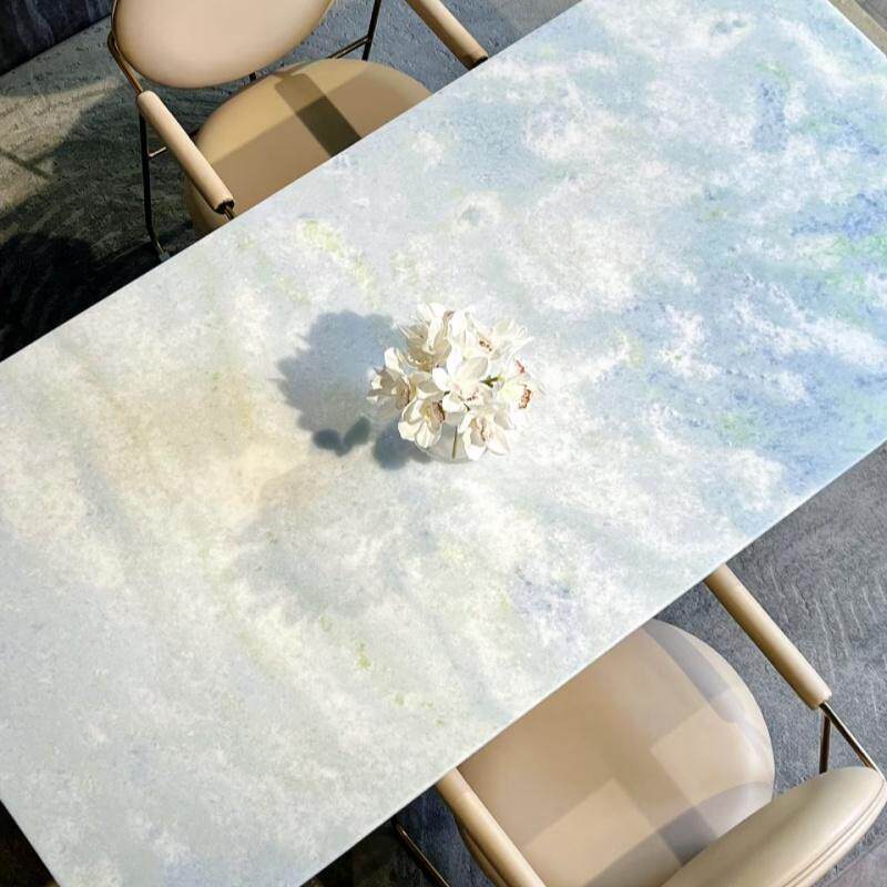 巴西进口天然蓝水晶奢石餐桌长方形极简现代轻奢家用大理石餐桌椅