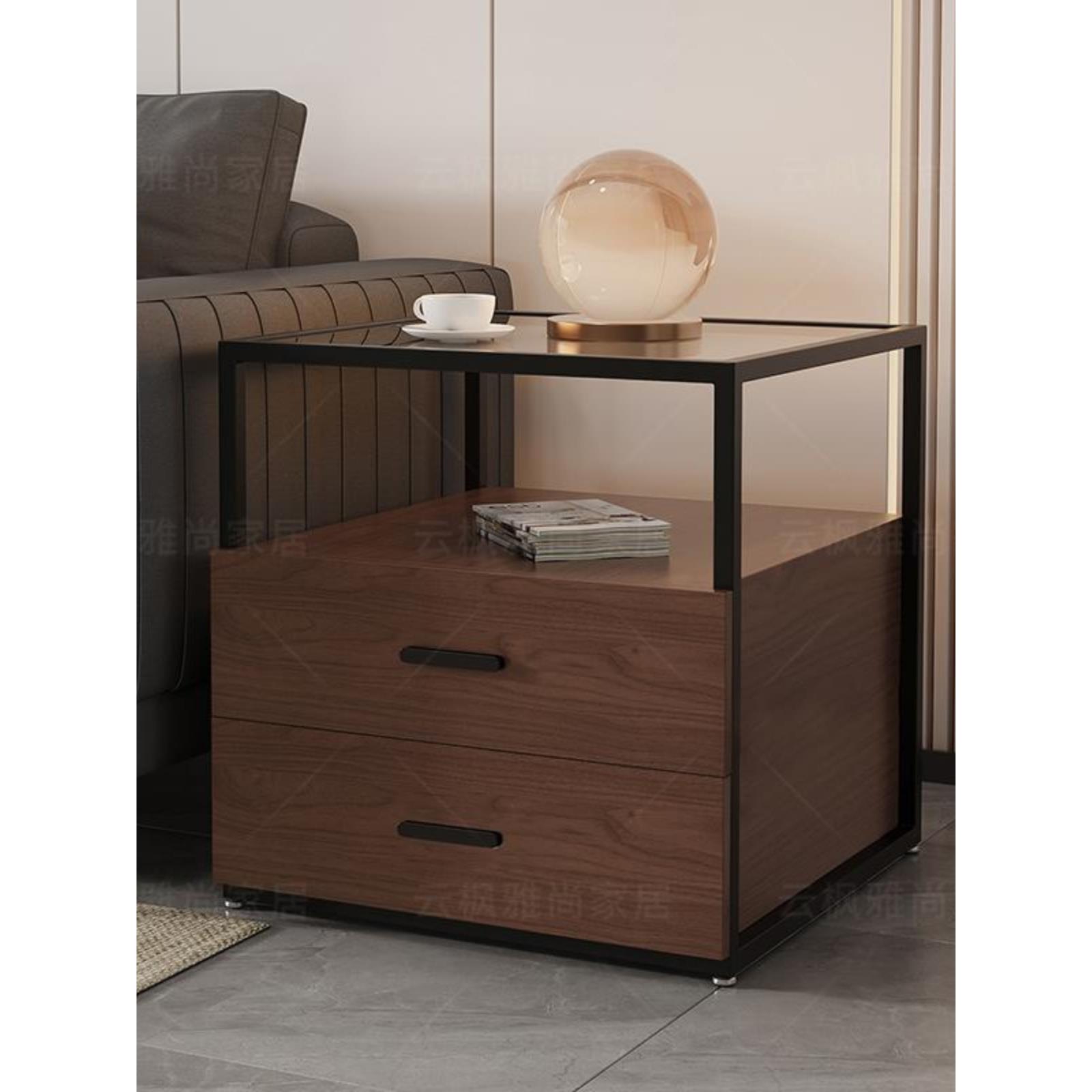 全实木沙发侧柜钢化玻璃台面40-70厘米方形侧桌可移动客厅小茶几