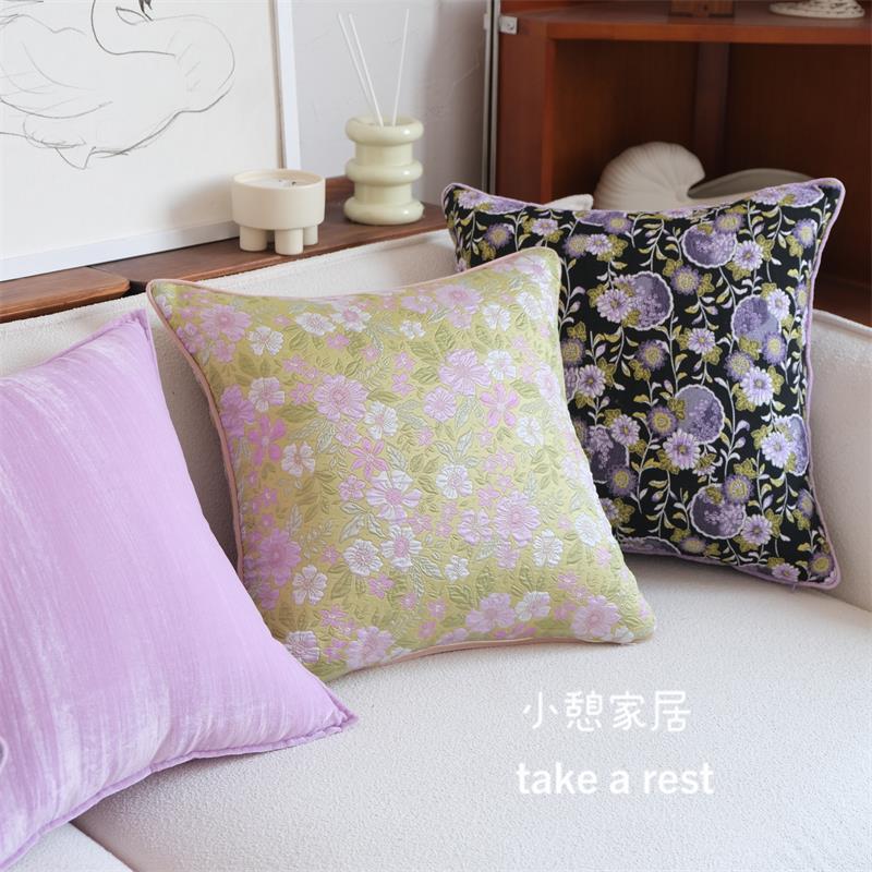 法式复古风抱枕靠枕法式新中式靠包客厅沙发靠枕紫色花卉靠垫绣花