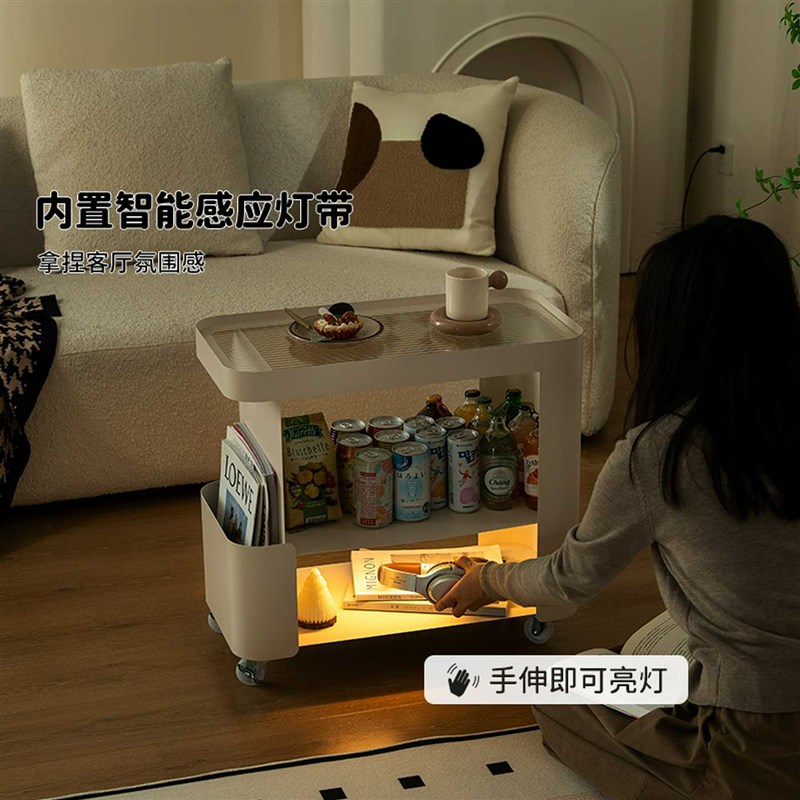 奶油风沙发边几客厅可移动茶几小桌子侧边柜带灯铁艺小推车置