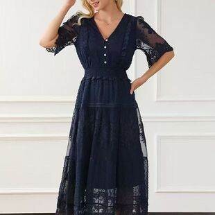 蕾丝V领欧美气质优雅高级感网纱拼接长裙D0901 新款 依易原创