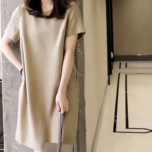 日系简约风夏季新款宽松遮肉显瘦度假连衣裙C0430