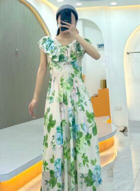 ［依易原创］度假风长裙显瘦仙女绿色印花飞飞袖连衣裙A0510