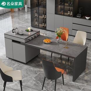 轻奢岩板中岛台餐桌一体厨房伸缩现代简约家用多功能茶桌吧台5E15