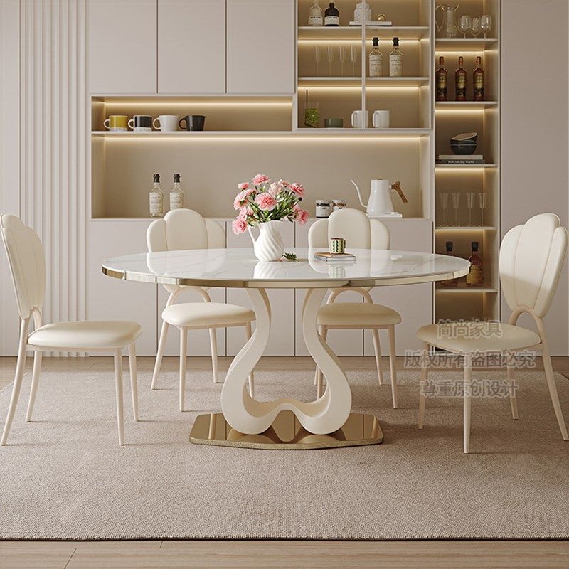 法式奶油风岩板餐桌椅组合现代简约可伸缩折叠方圆两用可变圆桌子,住宅家具,岩板餐桌,淘宝优惠券,粉丝福利购,淘宝优惠卷