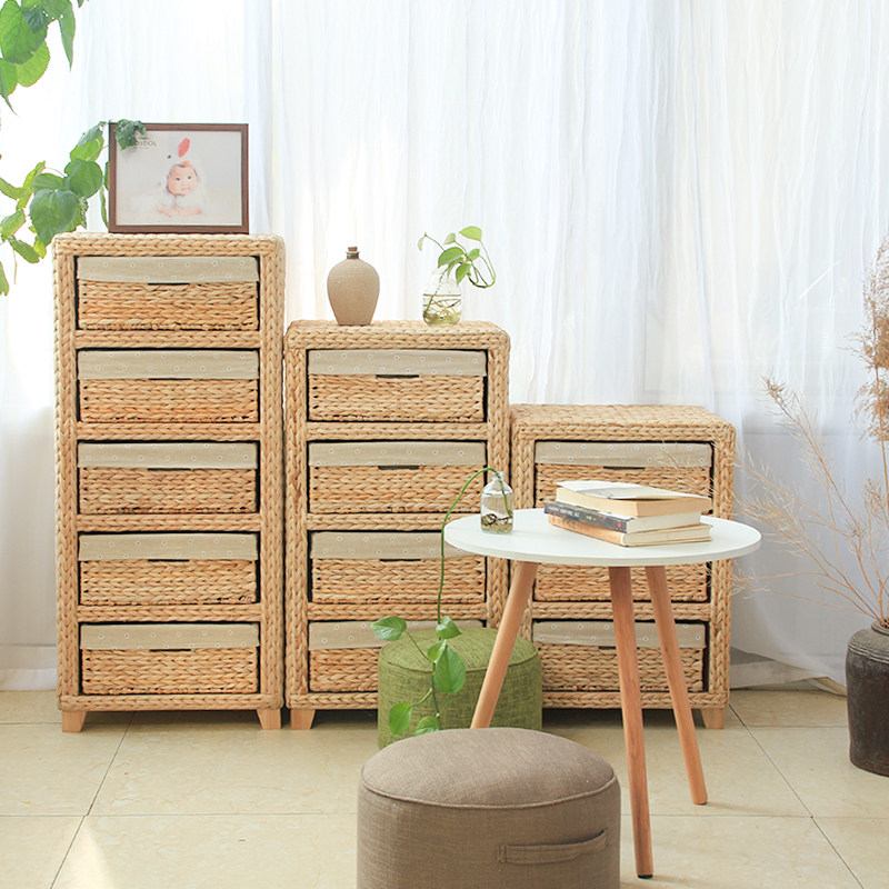 收纳柜抽屉式手工编织储物柜卧室床头柜美式乡村田园风藤编橱柜儿