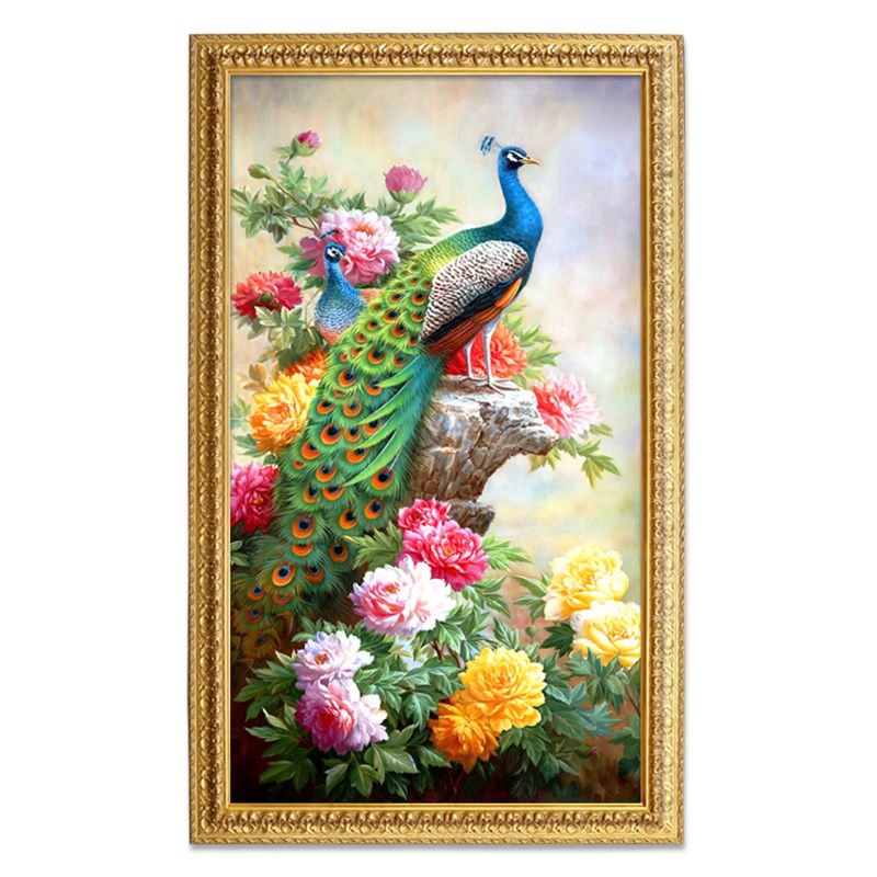 美式孔雀牡丹花卉入户玄关手绘油画欧式走廊过道挂画新中式装饰画图片