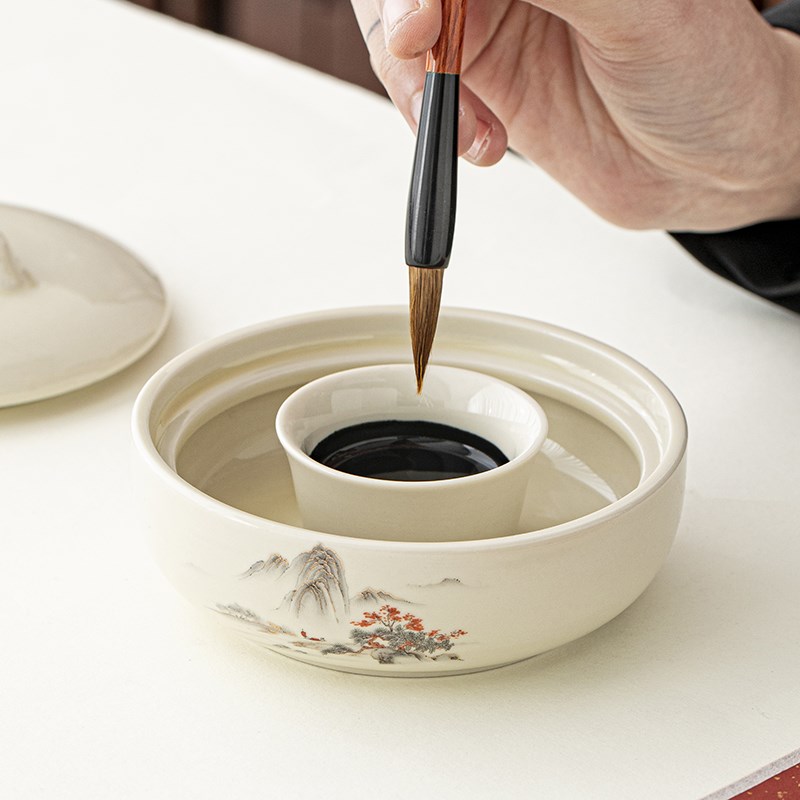 陶瓷不干墨池多功能火锅墨砚台带盖烟灰缸磨盘文房四宝书法用品墨