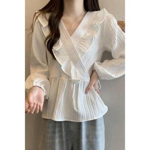 女装 荷叶边V领长袖 大码 衬衫 胖MM高级感独特别致衬衣气质上衣 秋季