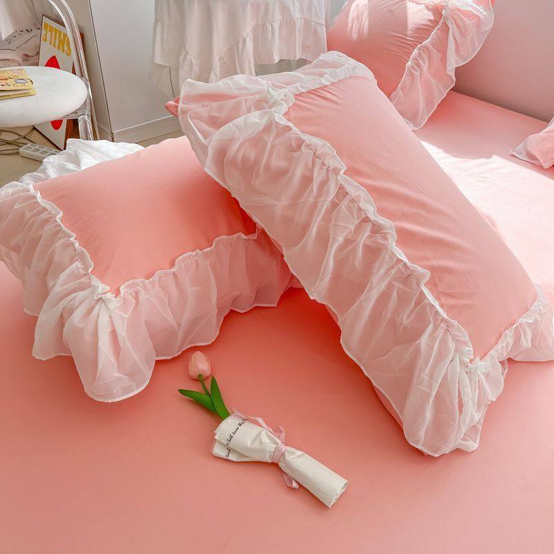柔粉色全棉枕芯套一对装雪纺白纱边枕头套2个48*74cm宿舍单人枕巾