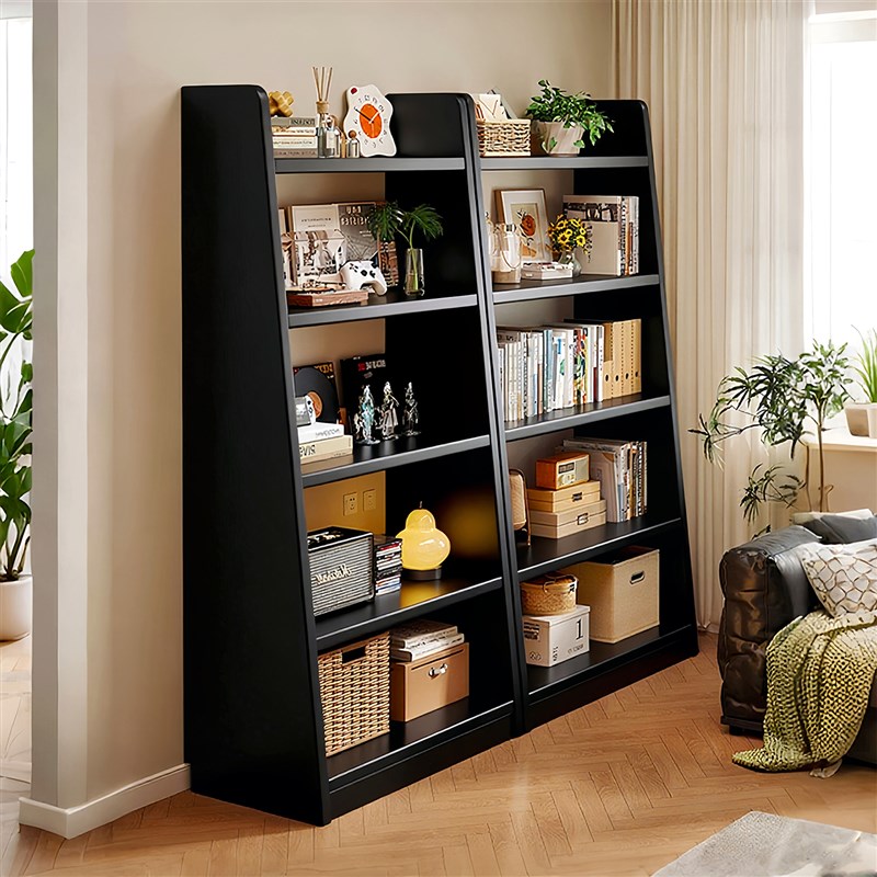 中古黑色实木书架k梯形落地置物架客厅满墙书柜组合学生收纳工具
