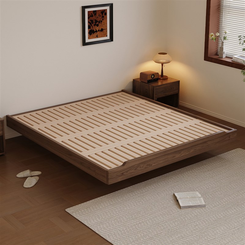 悬浮床无床头床北美黑胡桃木纯实木床榫卯结构床架子X家用单双人