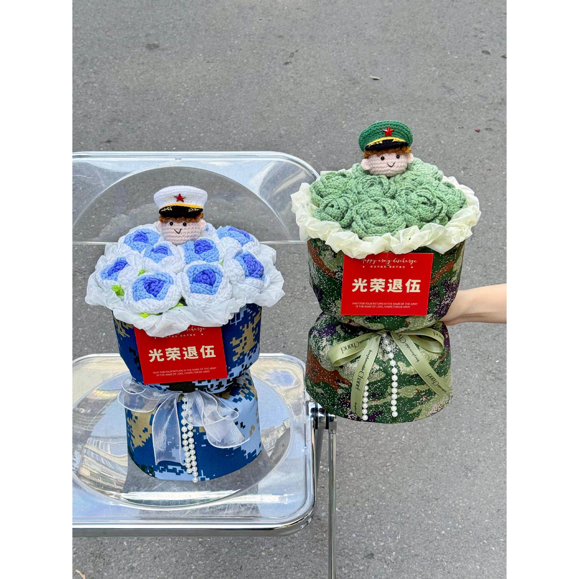 退伍花束小香风迷彩针织成品毛线玫瑰送男朋友老公兵哥哥接站礼物