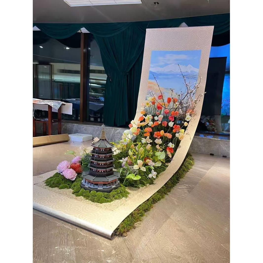 画中仙古风卷轴画轴镂空卷轴幼儿园造景拍照打卡美陈背景布装饰墙