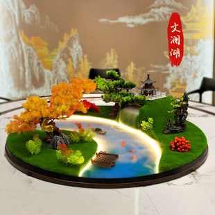 饰盆景摆件 饭店餐桌中间摆花喷雾化流水灯光遥控桌摆转盘大圆桌装