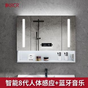 卫生间镜箱带灯置物架 人体感应白色不锈钢浴室智能镜柜单独挂墙式
