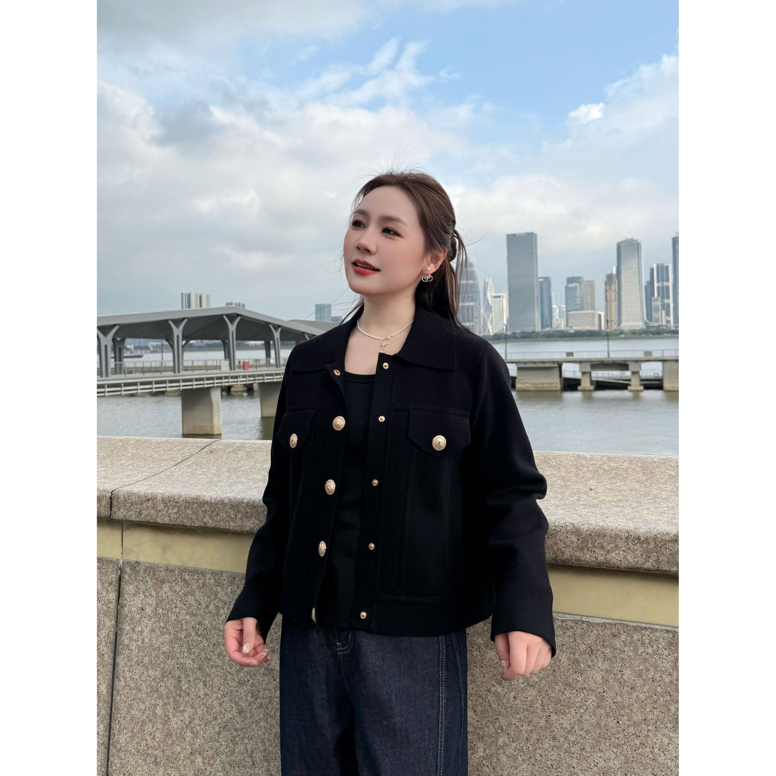 NANJIE/楠姐【黑色几何】秋季小香风气质针织开衫外套XNS6663