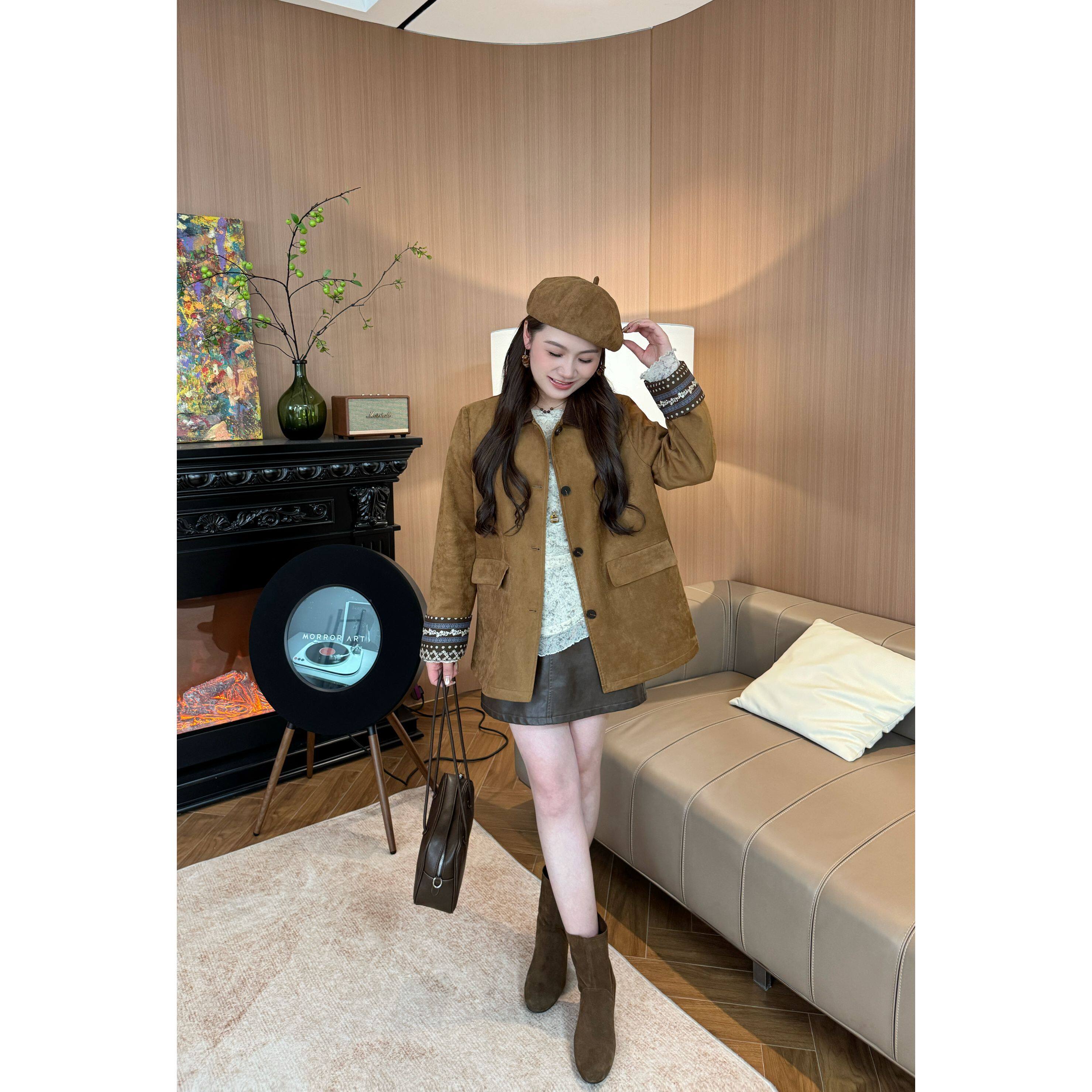 NANJIE/楠姐【丝绒咖啡】琥珀流光风复古时尚中长款外套XNS6590