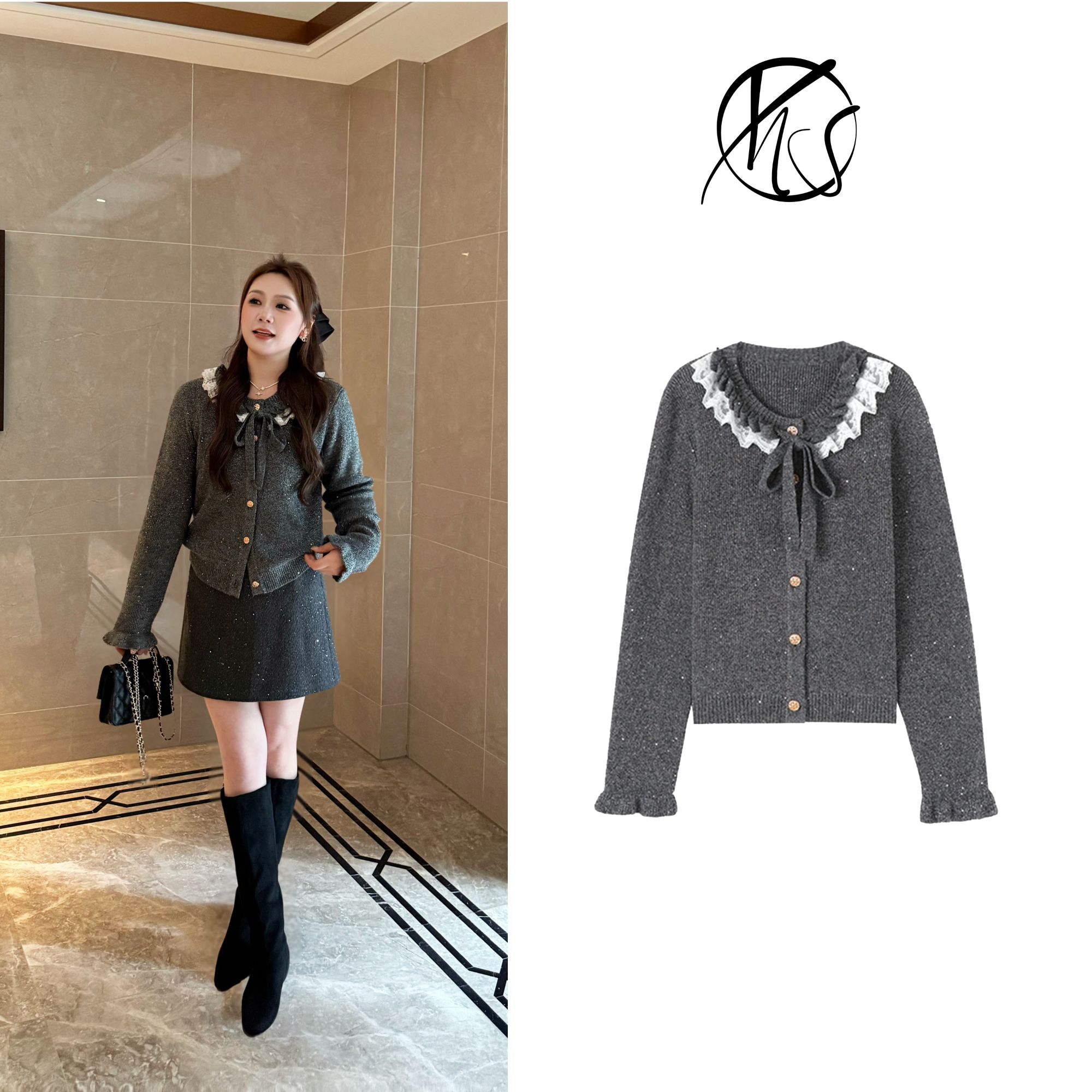 NANJIE/楠姐撒银蕾丝领毛衣