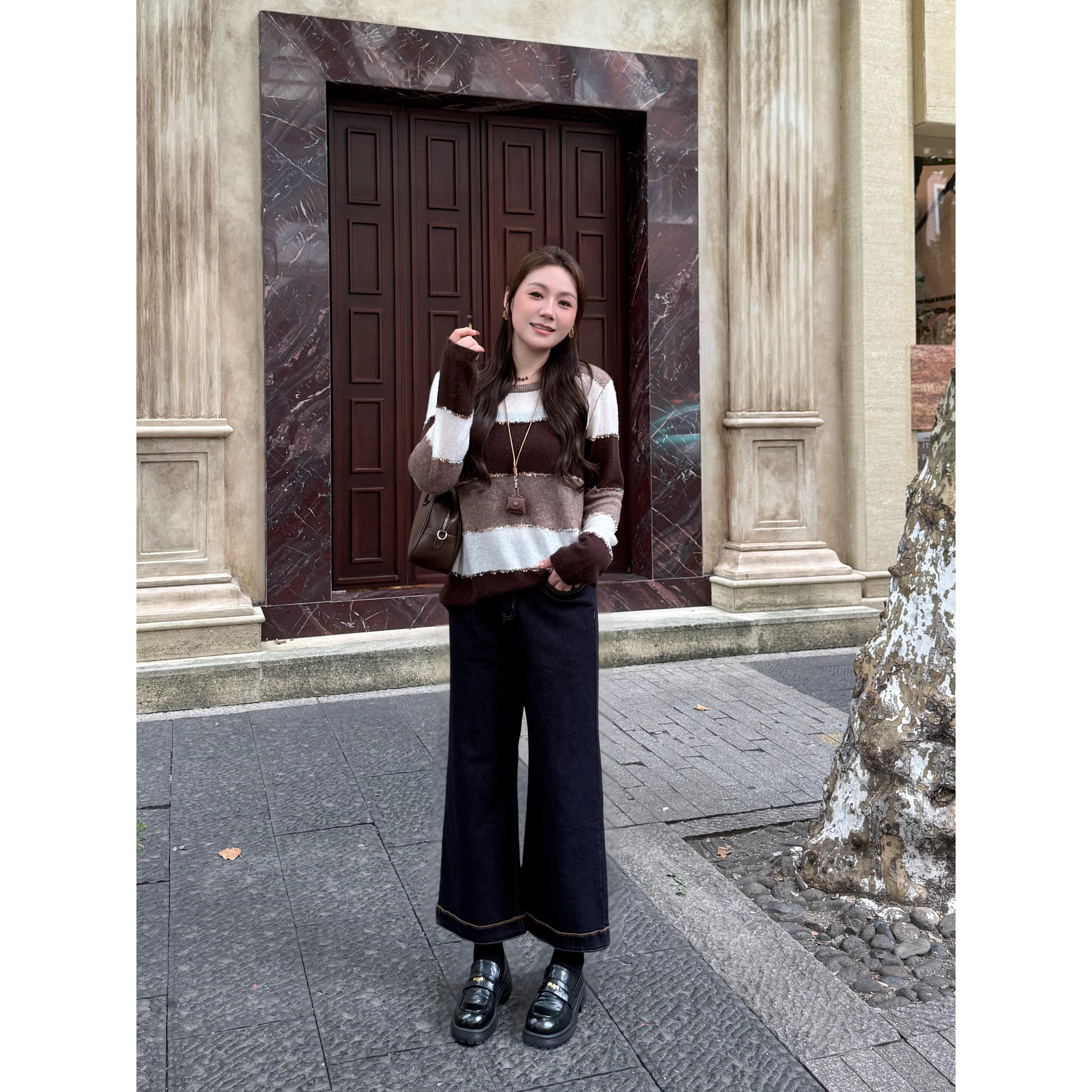 NANJIE/楠姐【时光画布】秋季撞色条纹INS风圆领毛衣XNS6635