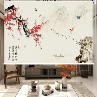花鸟山水画卷帘窗帘办公室客厅软隔断装 新中式 饰画升降免打孔拉帘