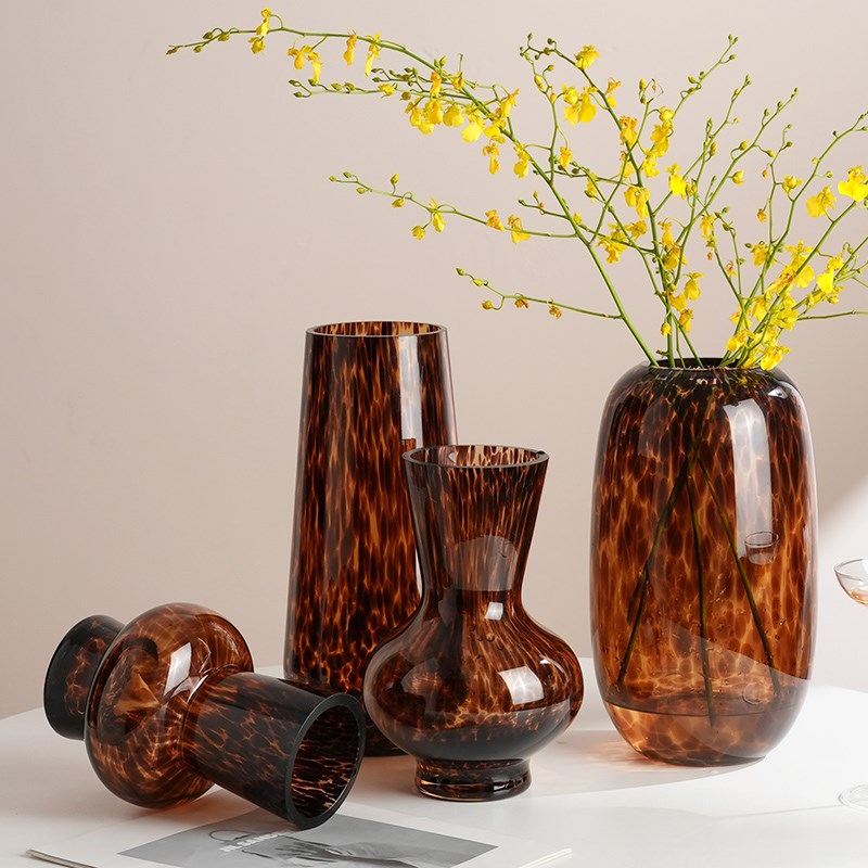 高级感豹纹大花瓶玻n璃水培摆件复古客厅茶几插花器桌面样板间轻