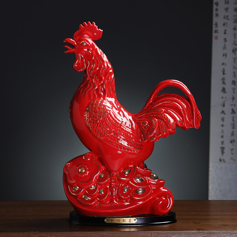 红色陶瓷公鸡摆件吉祥物大号如意元宝鸡工艺品家居卧室动物现代