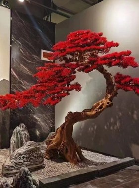 仿真松树迎客松红色假树落地摆放造景摆件盆景罗汉松大型假树定制
