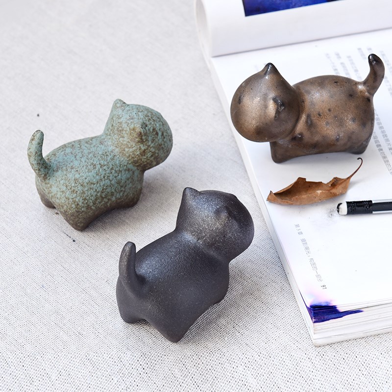 可爱萌宠喵咪窑变小o唐马复古摆件陶瓷茶宠创意家居茶道桌面装饰