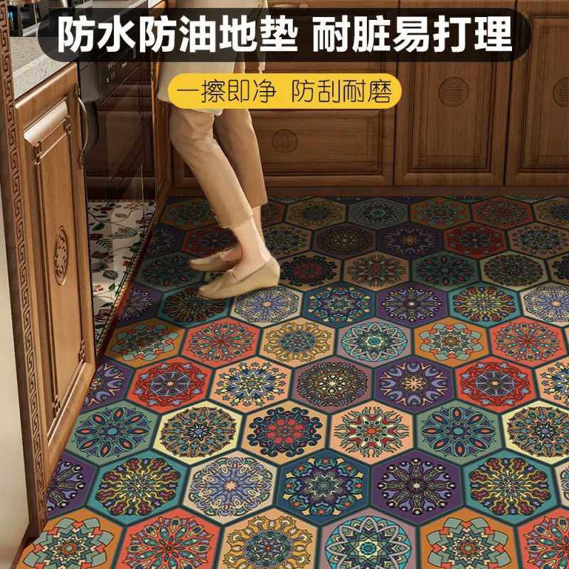 美式复古厨房地垫地板革PVC防水防油免洗加厚民族风防滑垫子厂,居家布艺,厨房地垫,淘宝优惠券,粉丝福利购,淘宝优惠卷