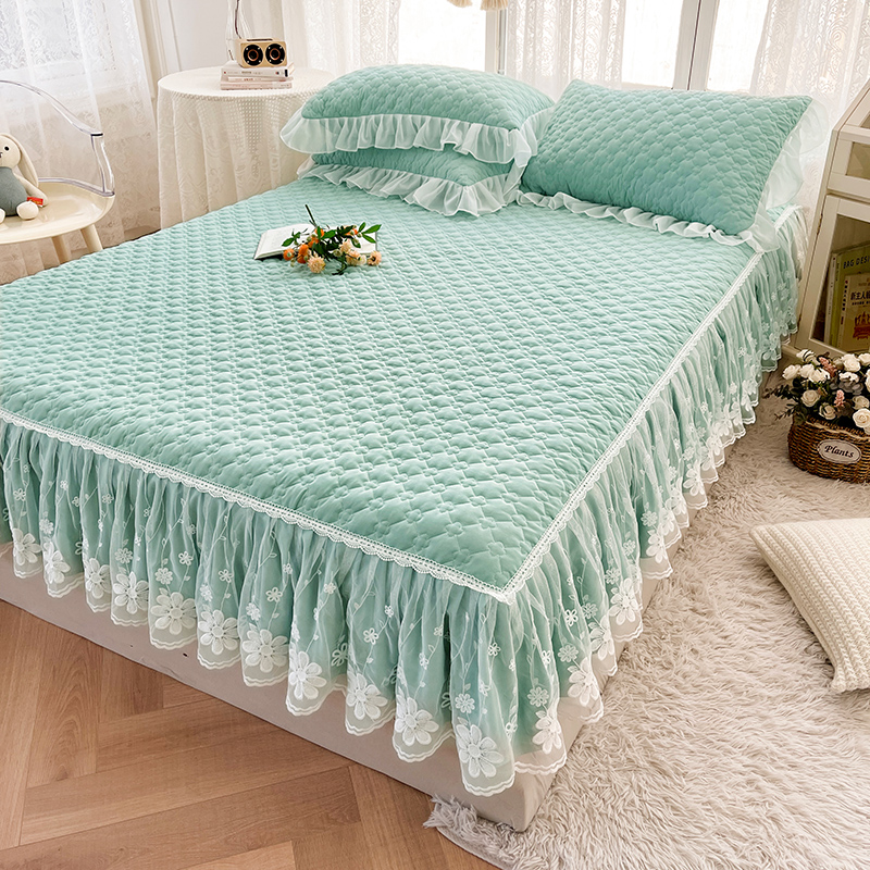 A类纯色夹棉加厚亲肤床裙三件套1.8m蕾丝床罩1.2米单双人2m床垫套