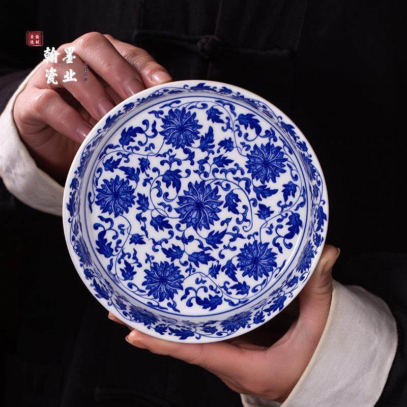 景德镇陶瓷仿古泥青花缠枝莲壶承单个茶盘家用储水干泡台茶托果盘