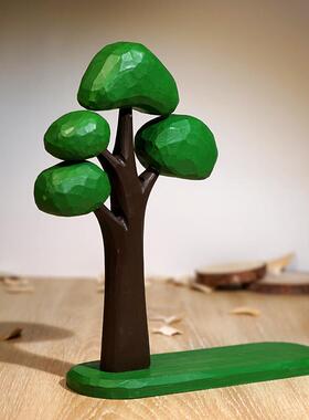 “幸福棉花糖”绿树木雕摆件卡通办公室电脑桌面书柜解压装饰品