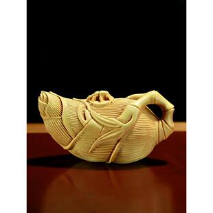 黄杨木雕竹笋茶壶摆件知足常乐文玩手把件男士把玩木质随身把把壶