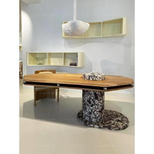 意大利天然大理石悬浮书桌现代轻奢高级感别墅创意实木老板办公桌