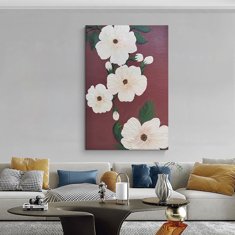 花开富贵手绘油画立体抽象肌理画白色花卉客厅落地装饰画玄关挂画图片
