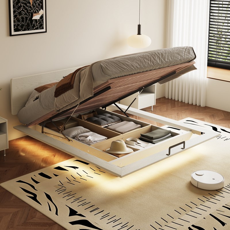 薄床头实木悬浮高箱储p物床白色小户型主卧双人齐边榉木排骨架床