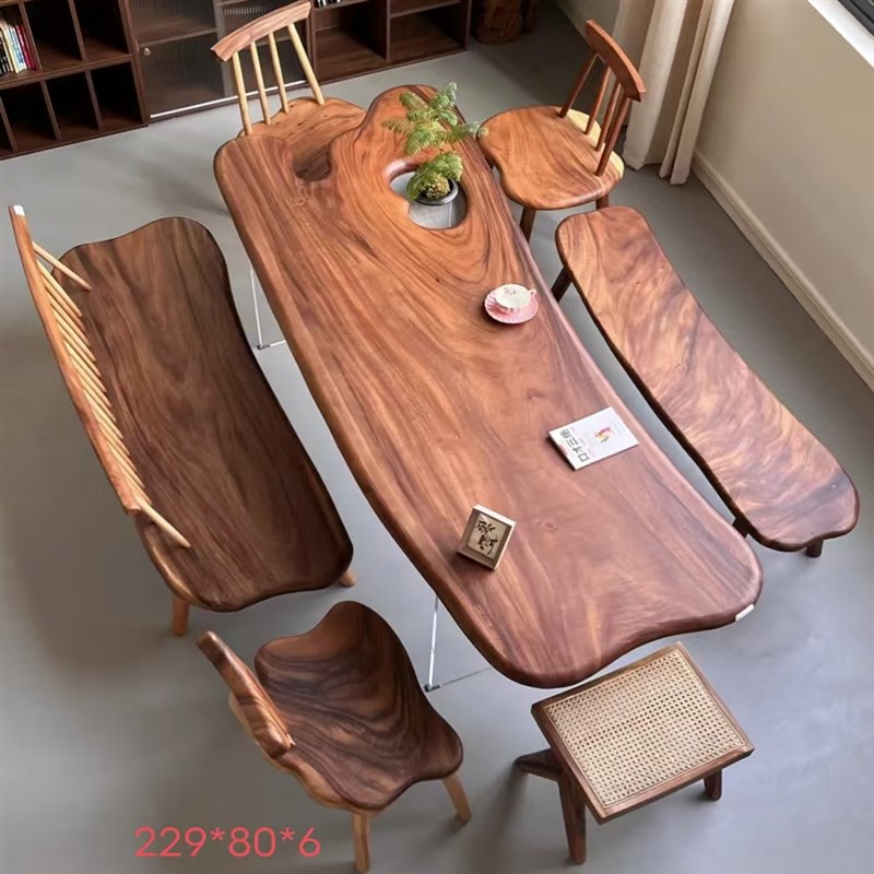 南美胡桃木阳台大板茶桌椅组合实木随形桌异形M茶几2025新款泡茶