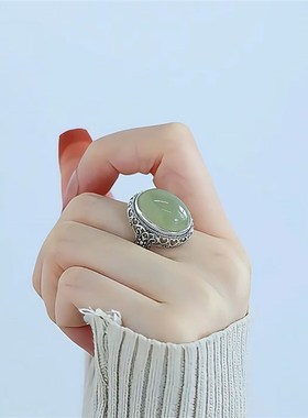 复古925银g蛋面青玉镂空花纹戒指女新中式民族风开口可调节指环