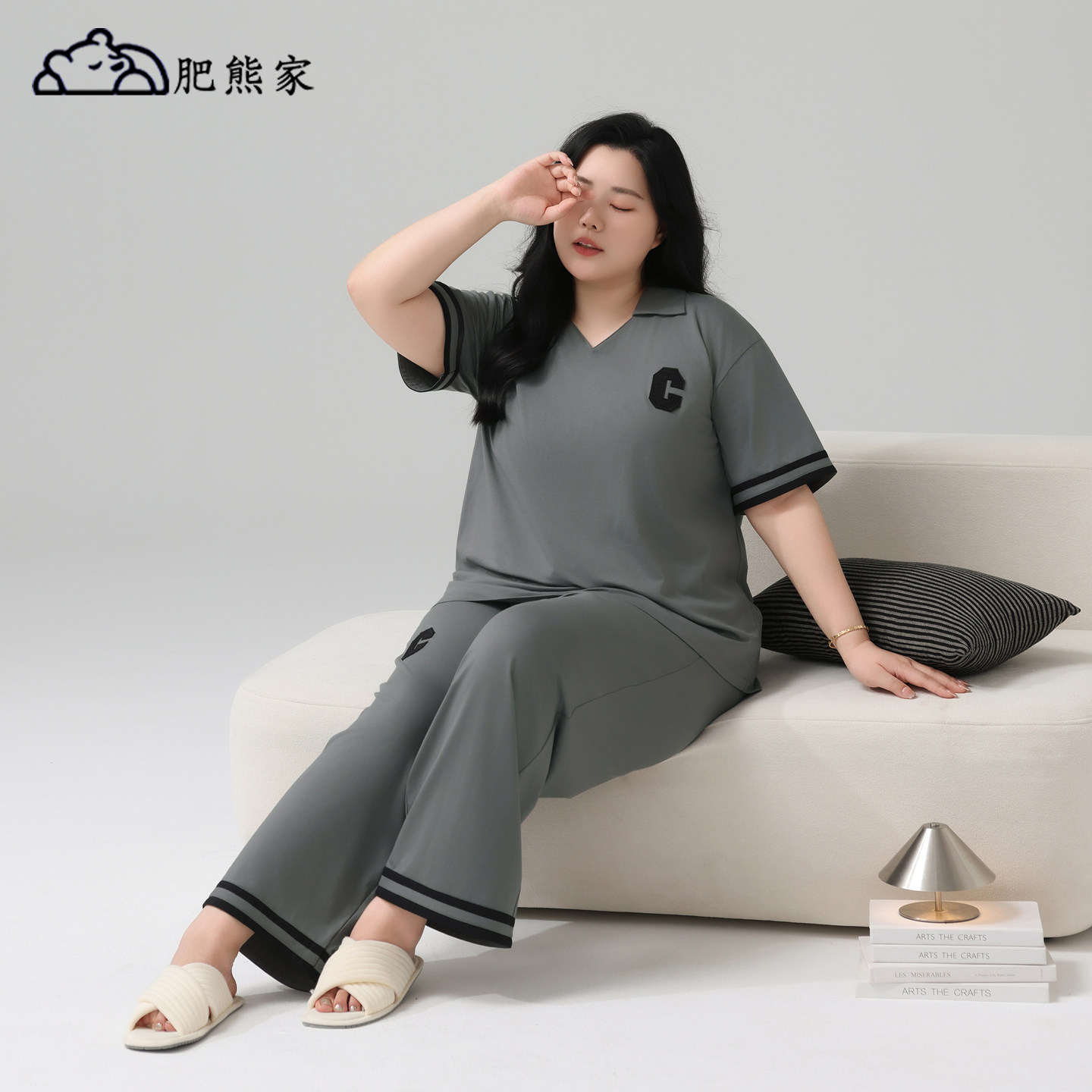 肥熊家加肥加大码睡衣女士夏季纯棉短袖长裤 胖mm200斤家居服夏款