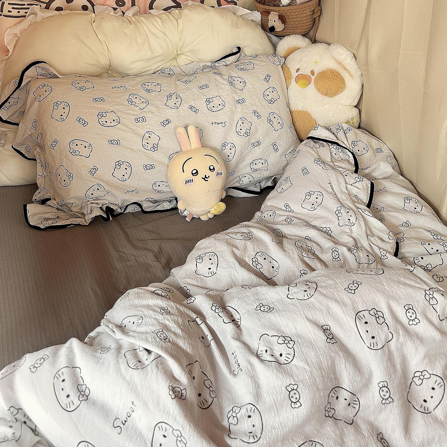 大学生宿舍床上三件套可爱猫咪床单枕套被套三件套床笠款90x190女