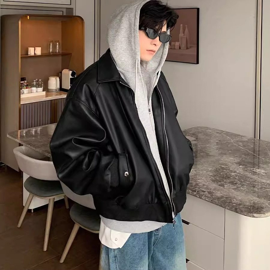 美式连帽皮衣外套男痞帅风哈灵顿机车夹克垫肩短款棒球衣服