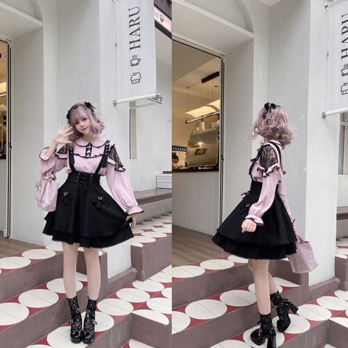 日本原单rojita系蕾服梦展望裙子蝴蝶结甜美日常背带裙小个子套装