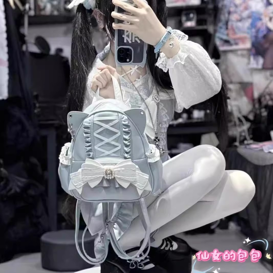 日本原单noemie蕾系新款日系女生可爱系蕾丝蝴蝶结猫耳可爱双肩包