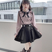 日本原单rojita系蕾服梦展望黑粉荷叶娃娃领女蝴蝶结领结衬衫 上衣