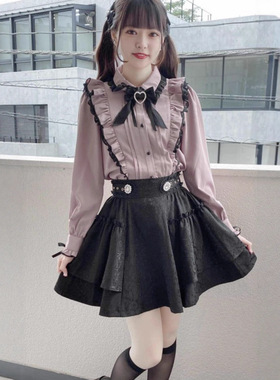 日本原单rojita系蕾服梦展望黑粉荷叶娃娃领女蝴蝶结领结衬衫上衣