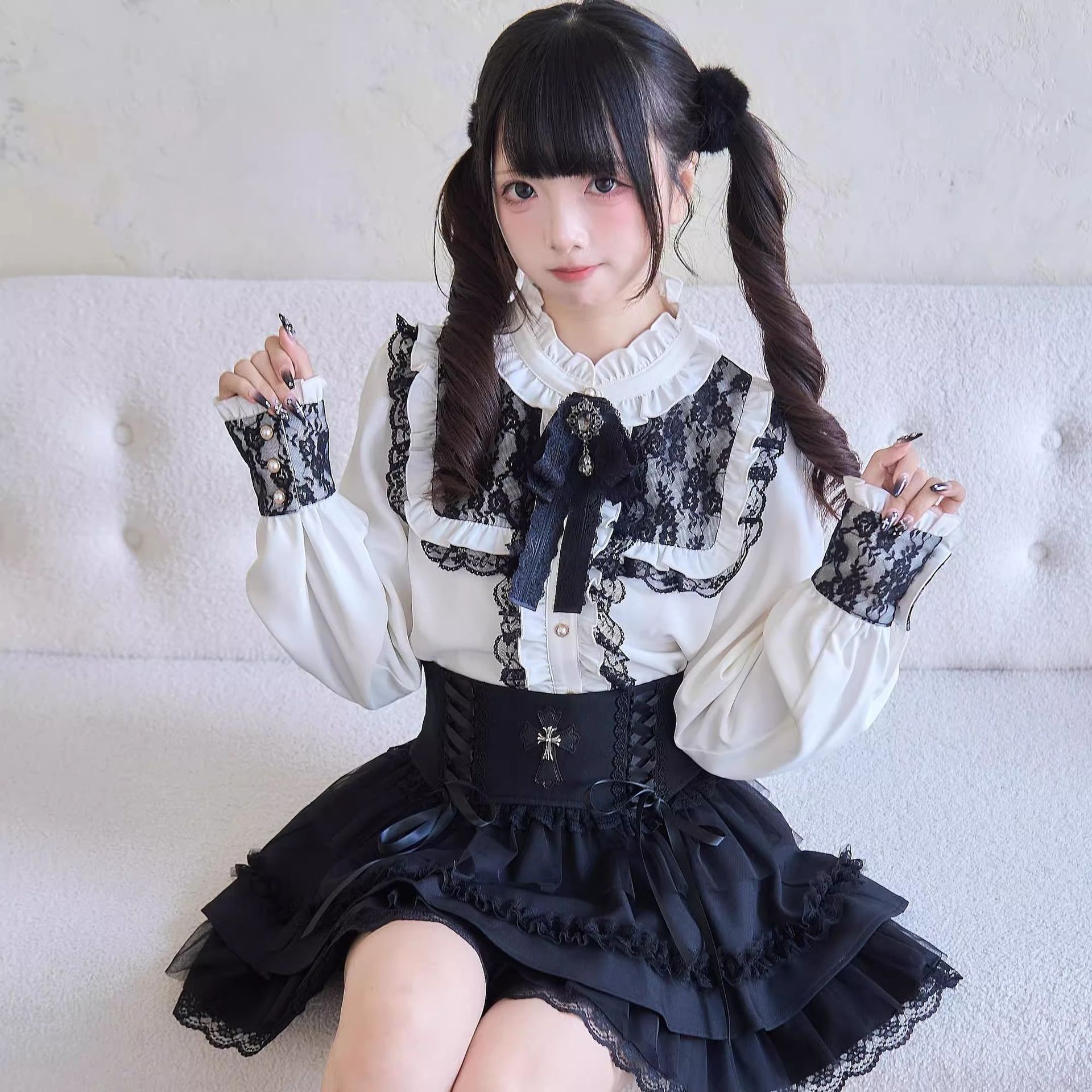 日单蕾系量产型Lizlisa风格日系姬袖衬衫立领蝴蝶结蕾丝短裙蕾服