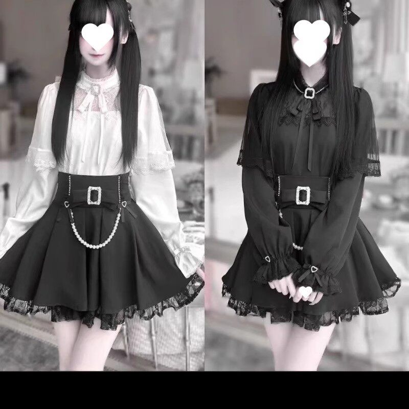 日单蕾系Lizlisa风格量产型蕾服秋冬蝴蝶结长袖打底衫日系短裙